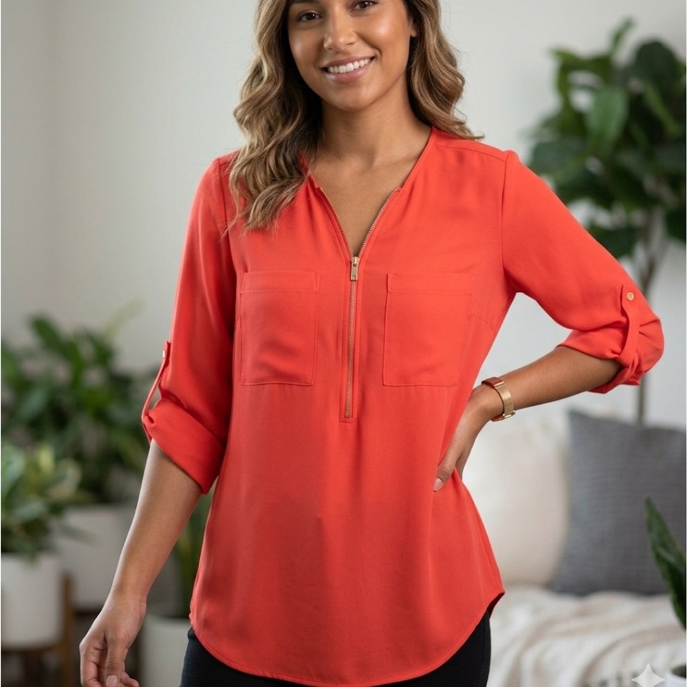 CALVIN KLEIN- Coral Zip-Front Roll-Tab Sleeves Blouse! 🪸 👚